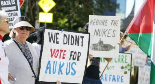 Protesters target AUKUS militarism outside US Chamber of Commerce luncheon
